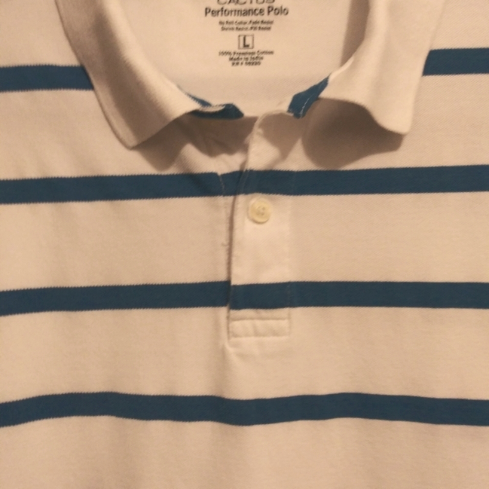 Cactus Performance Mens Short Sleeve Blue & White Stripe  Polo Shirt Sze L #M-16 - Picture 4 of 6